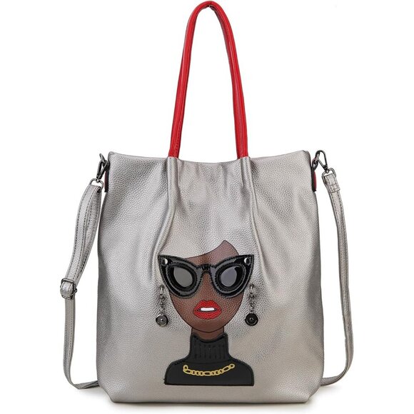 Women Novelty Lady Face Satchel Handbag Fashion Top Handle Tote Bag Silver B